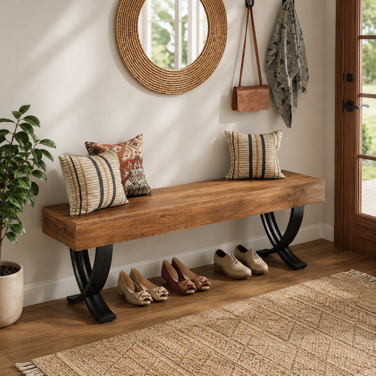 solid teak wood bench with metal legs
