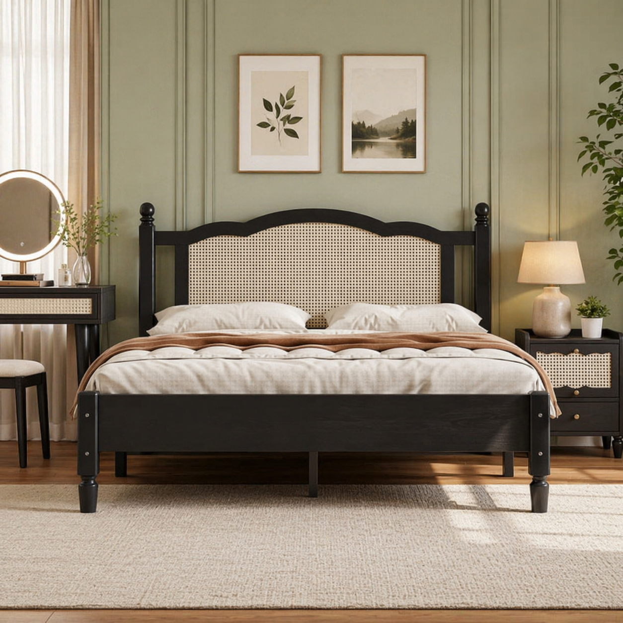 Solid teak wood cane bed frame modern design