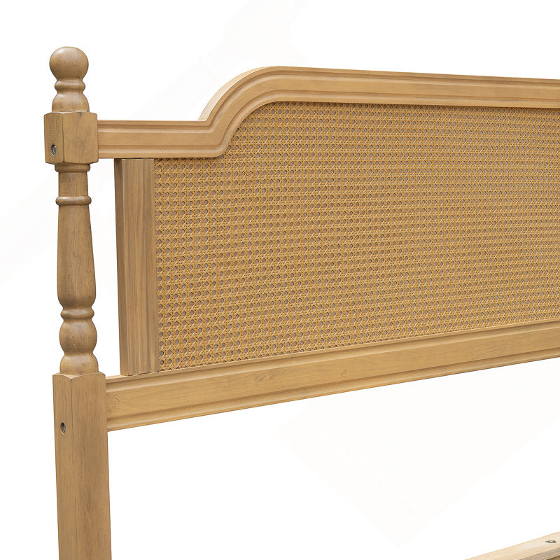 vintage wooden bed with woven cane design