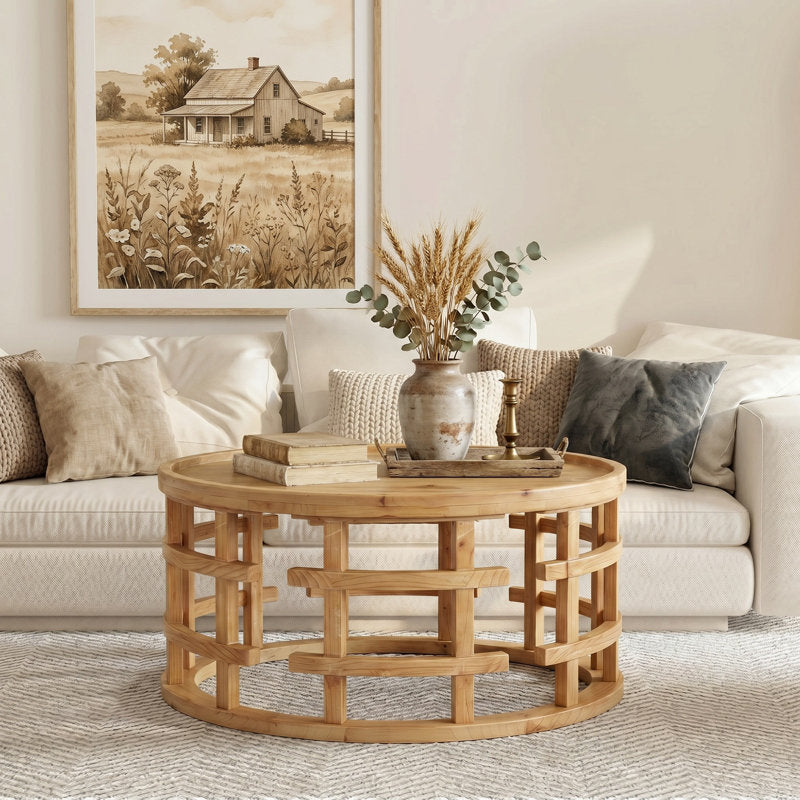 Round wooden center table with storage shelf