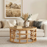 Round wooden center table with storage shelf