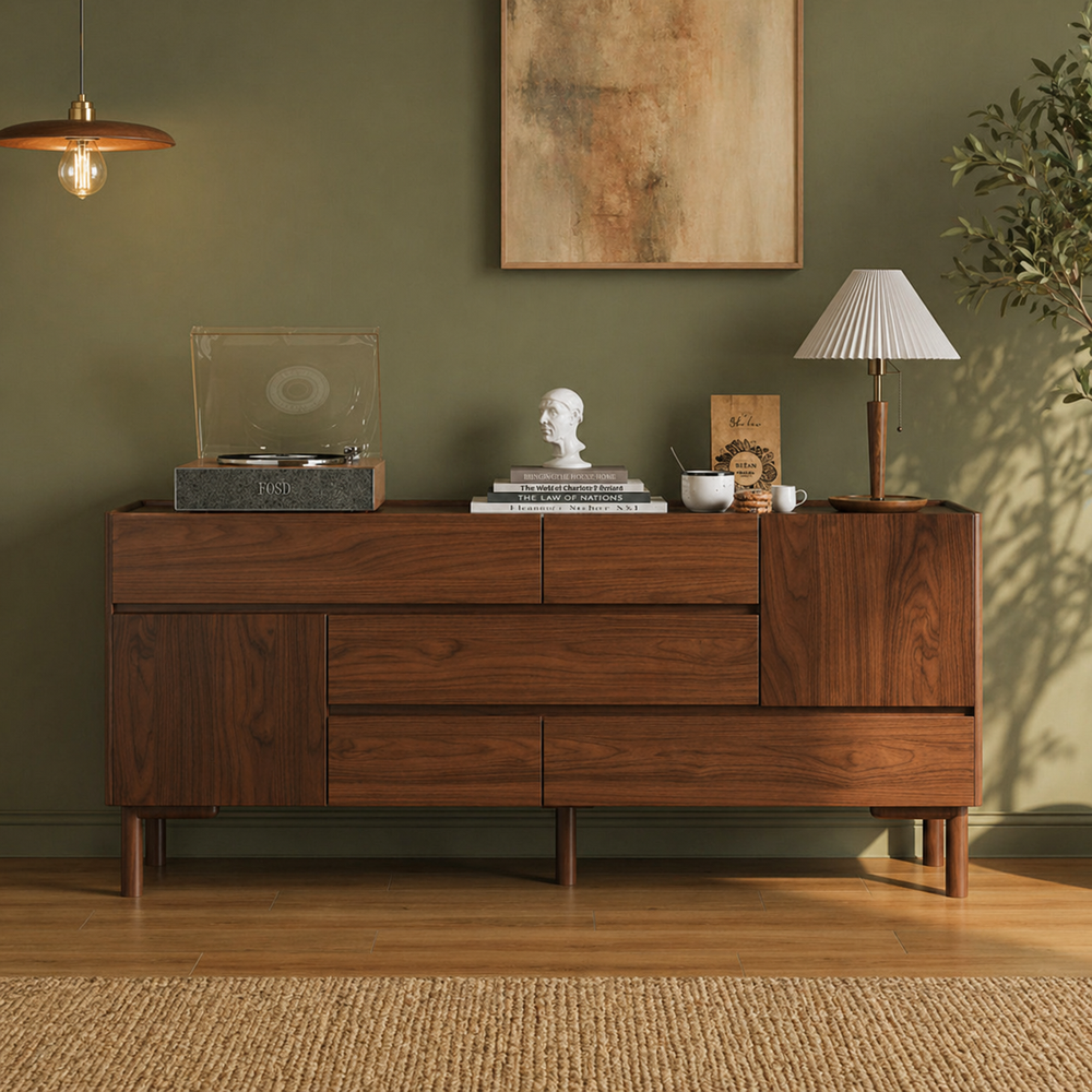 Modern walnut sideboard cabinet in living room