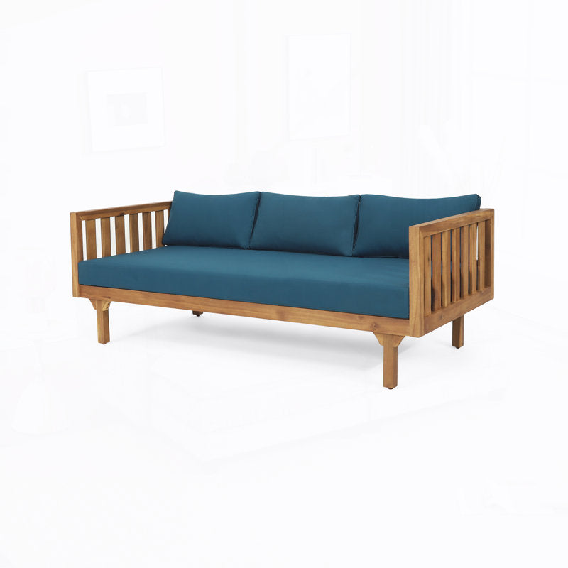 Minimalist living room with wooden sofa and neutral decor
