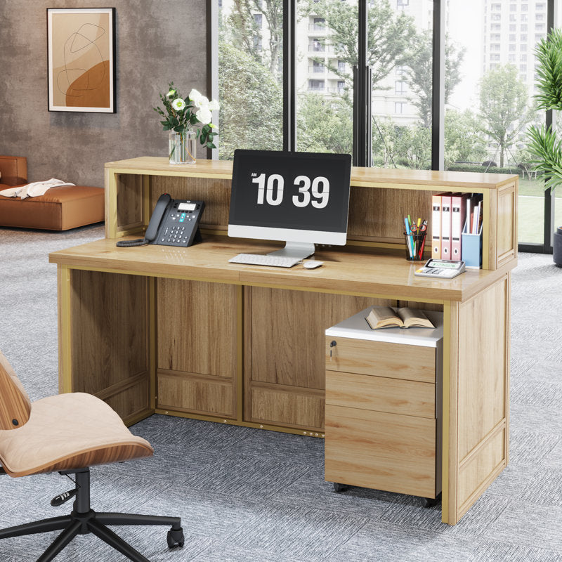 Handcrafted teak wood reception counter for workspace