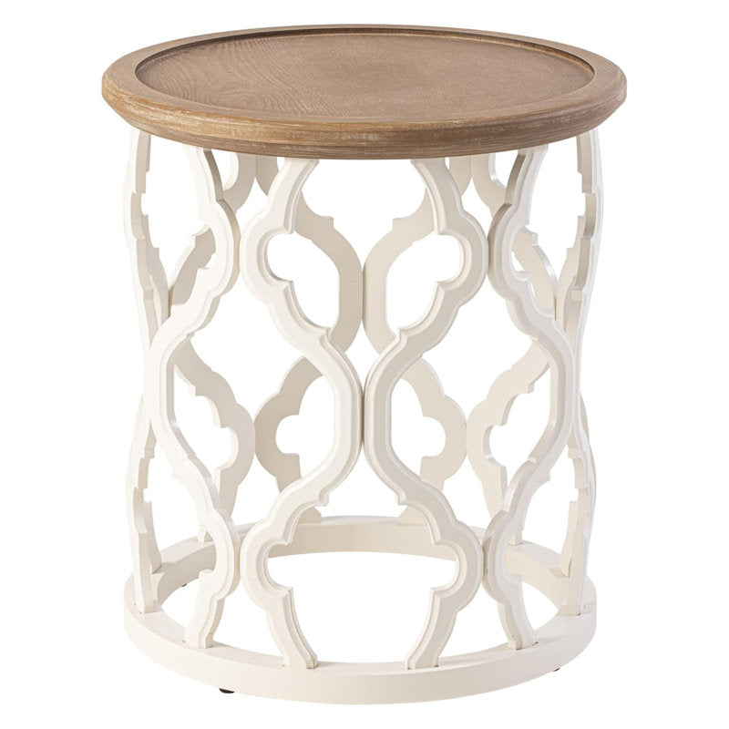 Round wooden bedside table made from solid teak wood