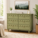 Sage green teak wood dresser with six storage drawers